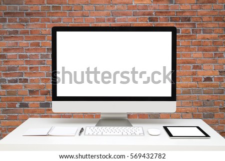 Realistic Computer Monitor with Blank Screen on white table.