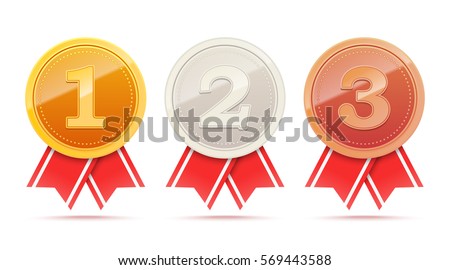 Set of winner medals. First second third place awards. 3D Gold silver bronze metal badges with red ribbon. Vector illustration Royalty-Free Stock Photo #569443588