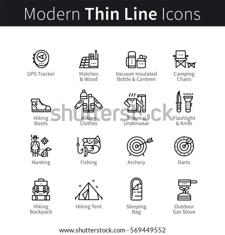 Camping & hiking, hunting, fishing and archery supplies set. Thin black line art icons. Linear style illustrations isolated on white.