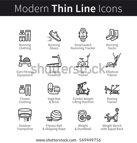 Set of sports & gym equipment like treadmills or trainers. Clothes, shoes, trainers for doing sport, cardio, fitness and yoga. Thin black line art icons. Linear style illustrations isolated on white.