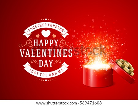Happy Valentines day Greeting Card Design and Gift Box with hearts confetti Vector Background. Vintage Label Template.