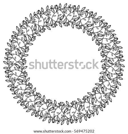 Elegant round frame with contours of flowers. Copy space. Raster clip art.
