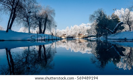 Freezing winter landscape in Carol Park in Bucharest, Romania