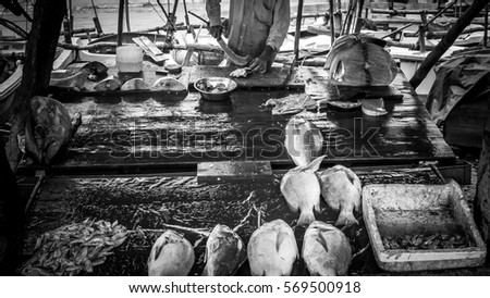 Street fish market and seafood. Gloomy picture. Sri Lanka. Seller cut up fish. Asia. Black and white photo.