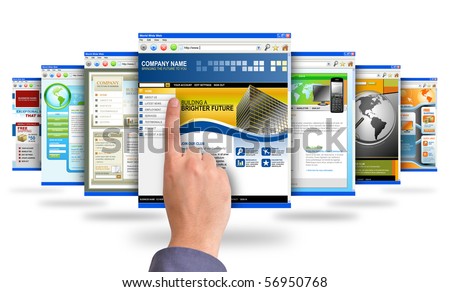 A male's finger is searching and pointing at an internet website and there are many web choices on a white background. Use it for a communication, commerce or a research concept. Royalty-Free Stock Photo #56950768