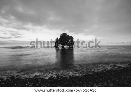 Hvitserkur, basalt stack at the eastern shore of the Vatnsnes peninsula, in northwest Iceland.This stack has shape of a dragon or an elephant. Long exposure photo