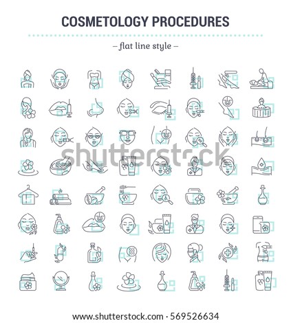 Vector graphic set.Icons in flat, contour,thin and linear design.Cosmetology Clinic. Services, procedures, treatments.Simple isolated icons.Concept illustration for Web site app.Sign,symbol,element. Royalty-Free Stock Photo #569526634