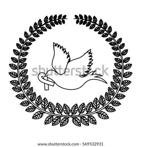 monochrome silhouette with olive crown with pigeon with ribbon of breast cancer in the peak