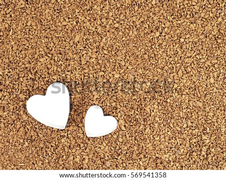 two mini heart shaped cookie cutter on instant coffee powder soluble, preparing romantic food and refreshment, love symbol texture background, flat lay top view with copy space