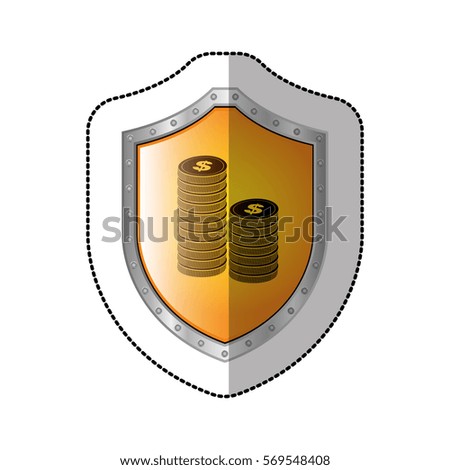 sticker shield with silhouette stacked coins with dollar symbol