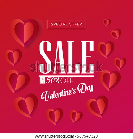 Sale discount poster for Valentines Day Holiday. Vector template. Romantic gift card with hearts, festive glitter confetti background. Love, e-card, banner. luxury decoration, Origami Cut paper heart