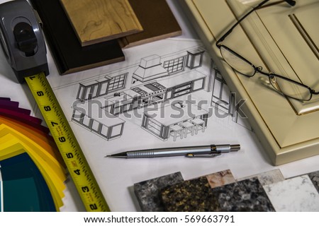kitchen renovation design with cabinet doors and granite counter  Royalty-Free Stock Photo #569663791