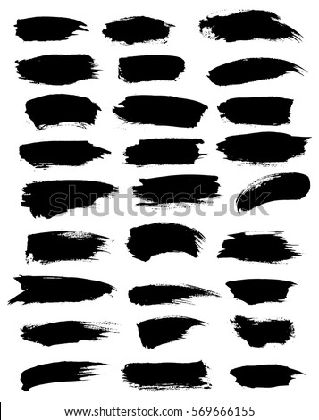 Black paint blobs and watercolor, highlighter vector lines of felt-tip pen. Abstract isolated dash lines or brushstrokes dabs and ink smear smudges and stains traces set with grunge texture Royalty-Free Stock Photo #569666155