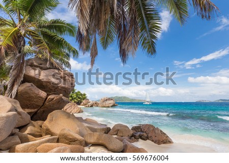 Pictur perfect tropical Anse Patates beach on La Digue Island, Seychelles. Summer vacations on picture perfect tropical beach concept.