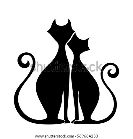 Vector black silhouettes of cats in love isolated on a white background.