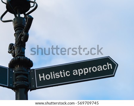 Street lighting pole with conceptual message Holistic Approach on directional arrow over blue cloudy background.