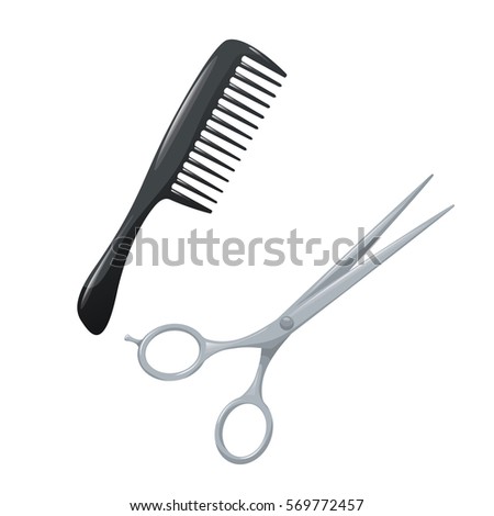 Salon hair accessories set. Metal hair cut scissors and black plastic styling comb with handle. Vector trendy illustration icons.