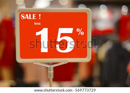 15% off. Sale and discount price sign