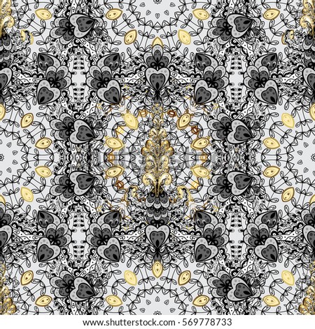 Seamless vintage pattern on grey background with golden elements.