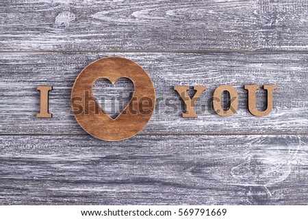 I love you, wooden lettering, gray wooden background, postcard Happy Valentine day, flat lay,wedding 
