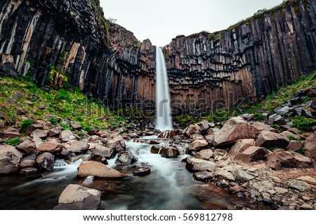 Great view of Svartifoss waterfall. Dramatic and picturesque scene. Popular tourist attraction. Location famous place Skaftafell National Park, Vatnajokull glacier, Iceland, Europe. Beauty world.