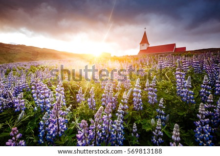 Great view of Vikurkirkja christian church in evening light. Dramatic and picturesque scene. Popular tourist attraction. Location famous place Vik i Myrdal village, Iceland, Europe. Beauty world.