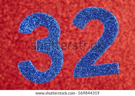 Number thirty-two blue color over a red background. Anniversary. Horizontal