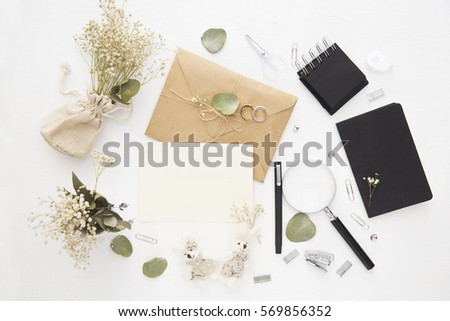 Wedding invitation cards, craft envelopes. Top view, copy space 