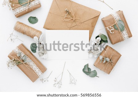 Wedding invitation card with handmade gift boxes. Love concept. Top view, copy space 