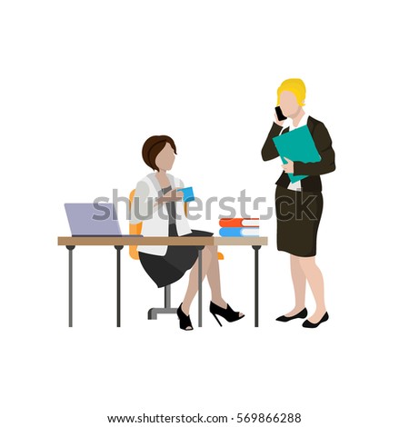 Boss and secretary in the office. Woman sitting on the workplace, holding folder and talking on the mobile phone 