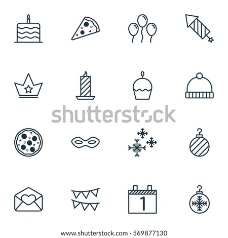 Set Of 16 Celebration Icons. Includes Star Snow, Greeting Email, Pizza Meal And Other Symbols. Beautiful Design Elements.