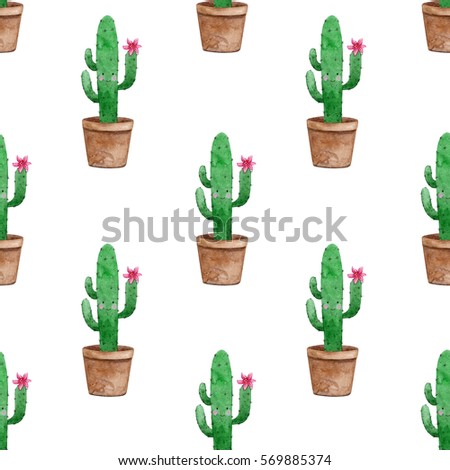 Pattern with cute cactus. Watercolor hand painted illustration