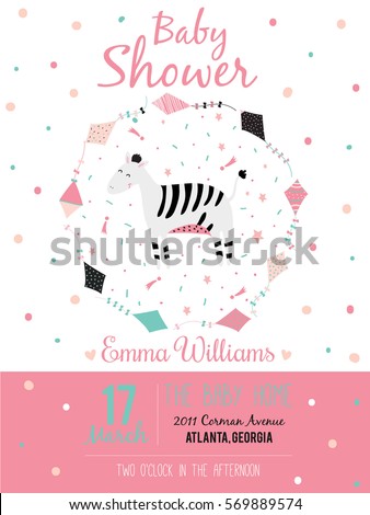 Romantic and lovely baby shower card for girl and little princess. Cute invitation card with zebra and flying kites. Vector template. White background.