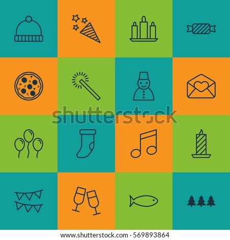 Set Of 16 Celebration Icons. Includes Crotchets, Fishing, Snow Person And Other Symbols. Beautiful Design Elements.