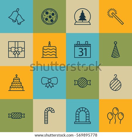 Set Of 16 Happy New Year Icons. Includes Ringer, Pizza Meal, Dessert And Other Symbols. Beautiful Design Elements.