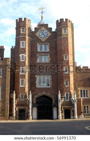 St James' Palace, Westminster, London The tower gateway to the tudor palace of Saint James in Westminster, London.  Home to members of the Royal Family. Royalty-Free Stock Photo #56991370