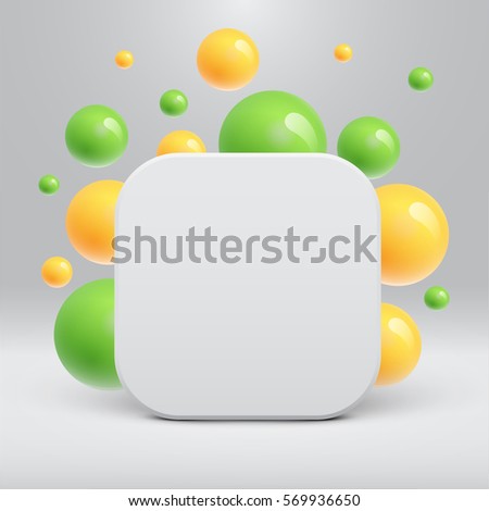 Blank white template with colorful balls floating around for advertising, vector illustration