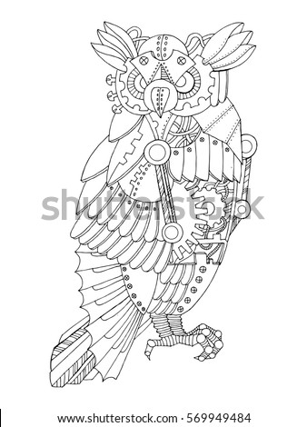 Steampunk style owl. Mechanical animal. Coloring book vector illustration.