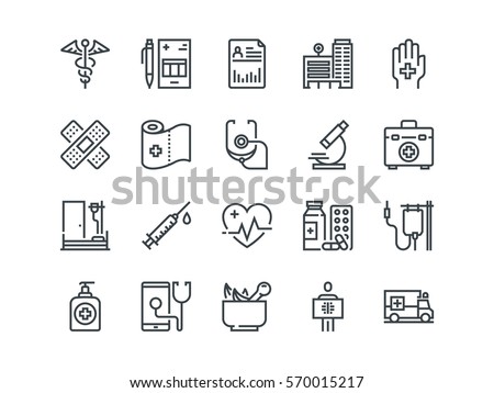 Medical and Healthcare. Set of outline vector icons. Includes such as Emergency, Heartbeat, Medical equipment and other.  Editable Stroke. 48x48 Pixel Perfect.