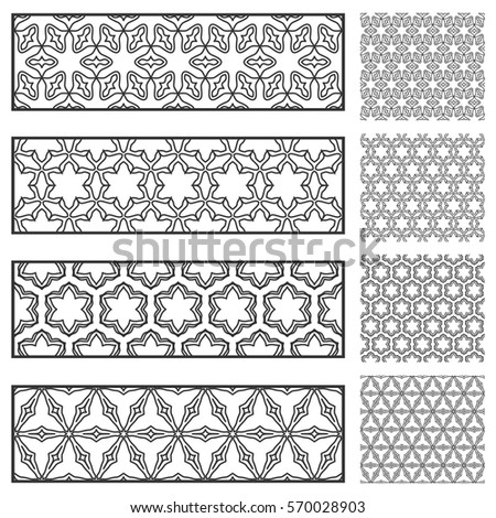Design elements collection. Decorative line borders and matching hexagonal seamless patterns, geometric lace trendy linear backgrounds. Isolated black on a white. Decor for cards, bookmarks, banners