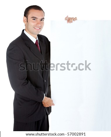 Business man holding a banner - isolated over a white background