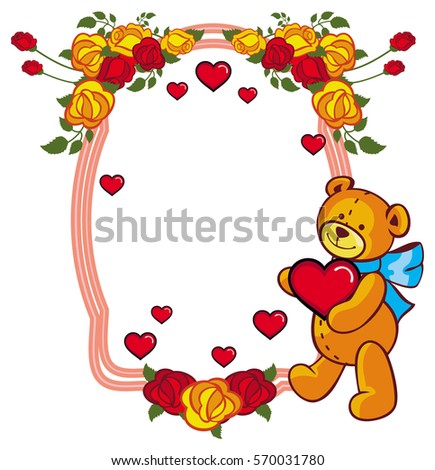 Oval label with red roses and cute teddy bear holding a big heart. Copy space. Vector clip art.