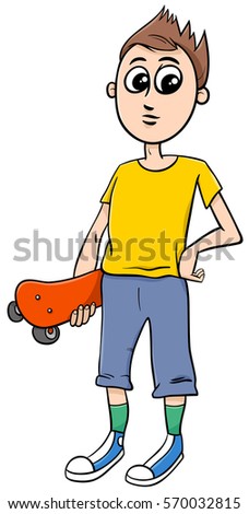 Cartoon Illustration of Teen Boy with Skateboard