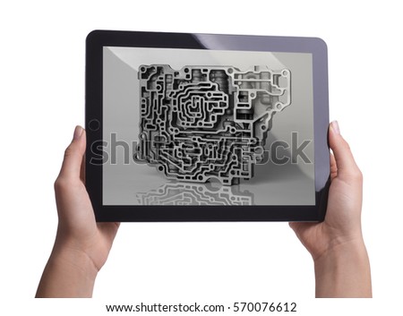 Abstract metal background. Subject: auto parts.Holding tablet in hands isolated on white.