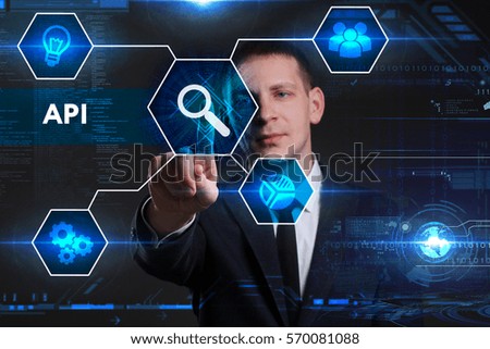 Business, Technology, Internet and network concept. Young businessman working on a virtual blackboard of the future, he sees the inscription: API 
