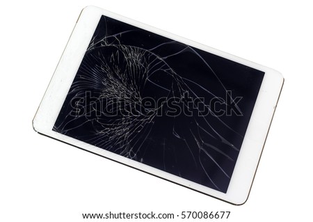 Tablet computer with broken glass screen on white background, include clipping path