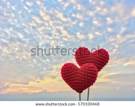 Couple red hearts with sunset background, Love for Valentine 's day concept