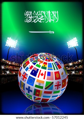 Saudi Arabia Flag with Globe on Stadium Background Original Illustration