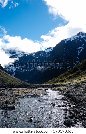 View of glacier before Homer tunnel on Milford Sound Highway, Fiordland national park, South Island, New Zealand.