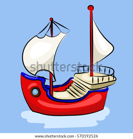 cartoon red sailing ship at the blue background